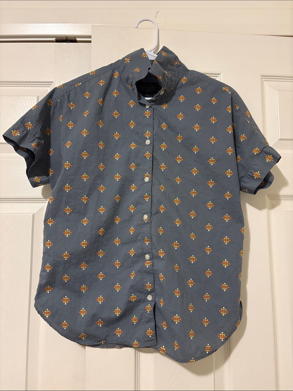 Pendleton Slate Blue Short-Sleeve Button-Down with Orange Geometric Print